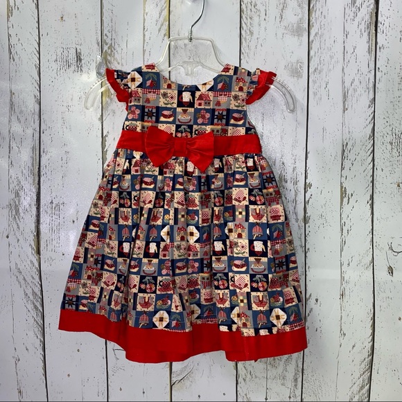 Other - Vintage Girls Dress 24 Mo Red Multicolor Quilt Pattern Country Primitive Design